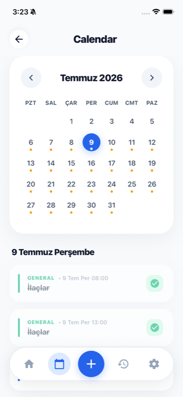Calendar screen showing a full month with reminders marked on each day