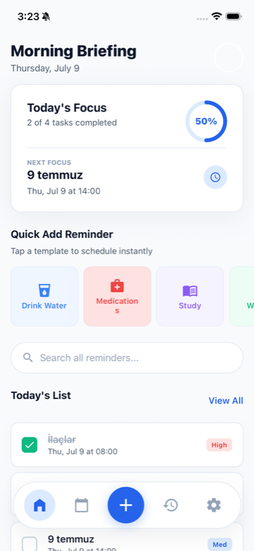 Remembers4u home screen showing today's focus and quick add templates